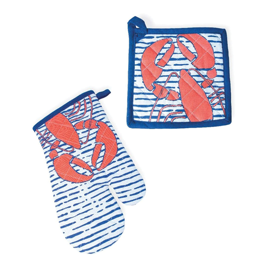 Waterline Lobster Design Oven Mitt & Pot Holder Set